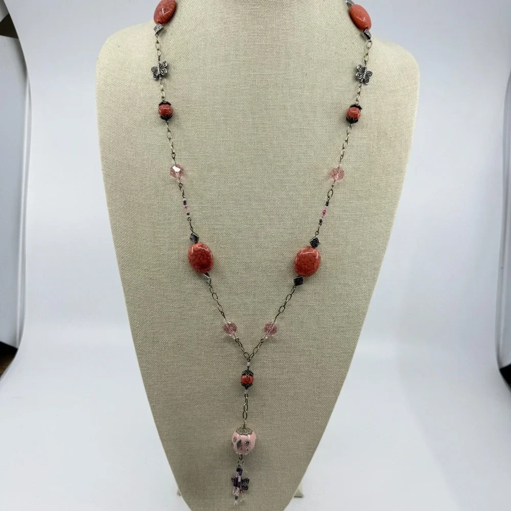 Pink Orange Beaded Butterfly Tassel Long Pendant Necklace Boho Cottagecore Y2K